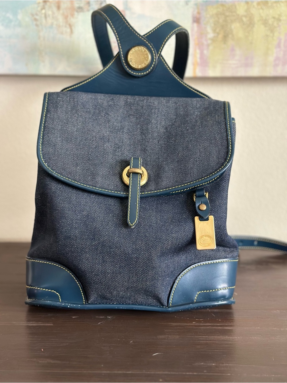 1999 Vintage Dooney & Bourke Blue Denim and Navy Leather Backpack